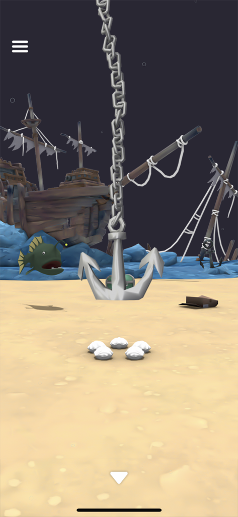 Un ancla colgando sobre conchas en una playa de arena con un pez verde y barcos hundidos en Escape Game Peter Pan.