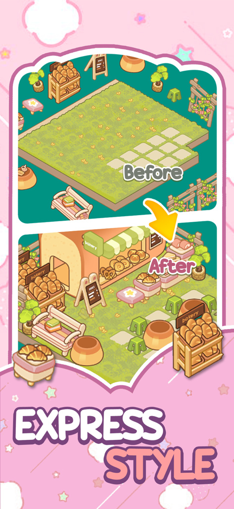 Tidy Home: Unpack and Decor - Before and after comparison of a decorated cozy outdoor bakery in Tidy Home