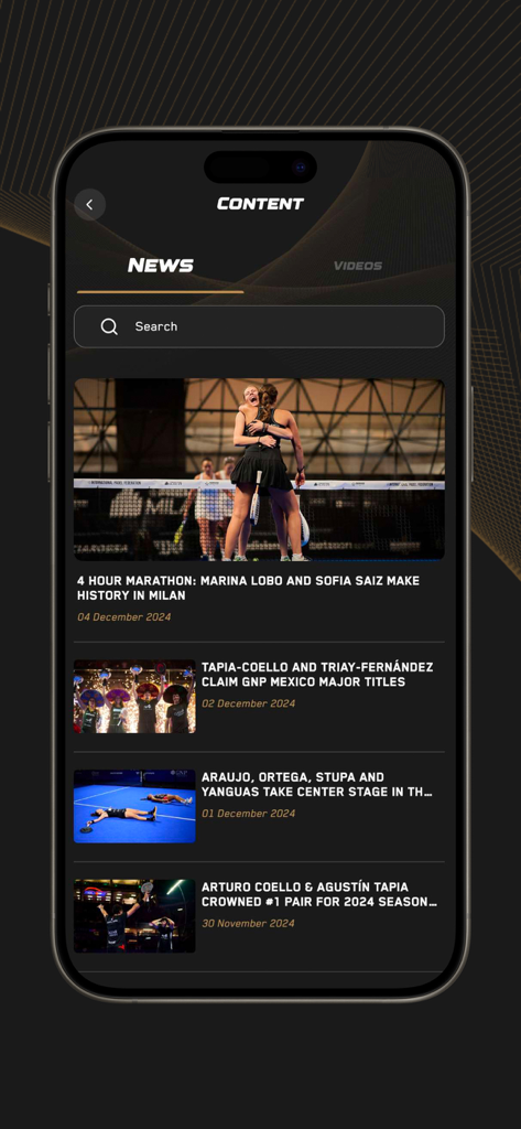 Screenshot of the Premier Padel app news section displaying headlines and articles from professional tournaments
