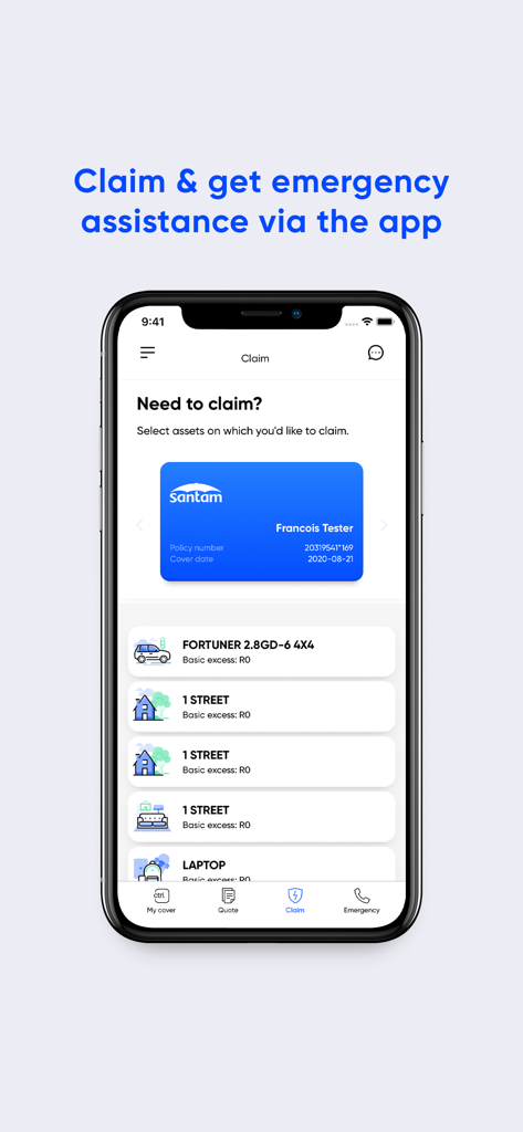 Ctrl - Insurance assistant - Interfaz de la aplicación de seguros Ctrl que muestra la pantalla de selección de activos para iniciar una reclamación de seguro