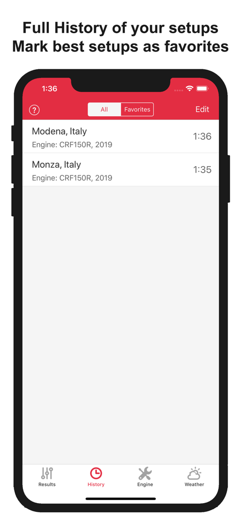 Screenshot of the history tab showing saved carburetor jetting setups and favorites for Honda CRF motocross bikes