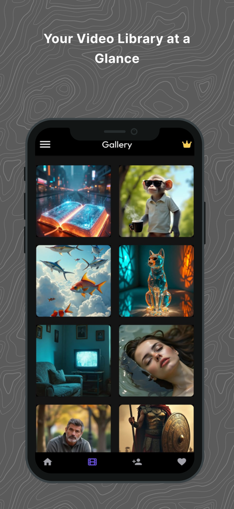 Cinemaya: AI Movie Generator - A mobile interface displaying a gallery of AI-generated videos with diverse styles including fantasy, sci-fi, and cinematic portraits.