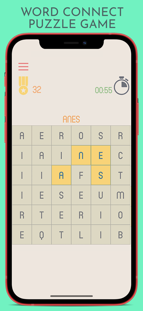 Mobile screen showing a 6x6 grid of letters in the Word Connect Puzzle game with a timer and score.