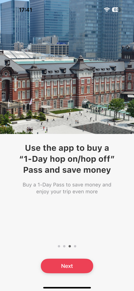 Welcome Suica Mobile - Welcome Suica Mobile app screen promoting a 1-Day hop on hop off pass with Tokyo Station in the background