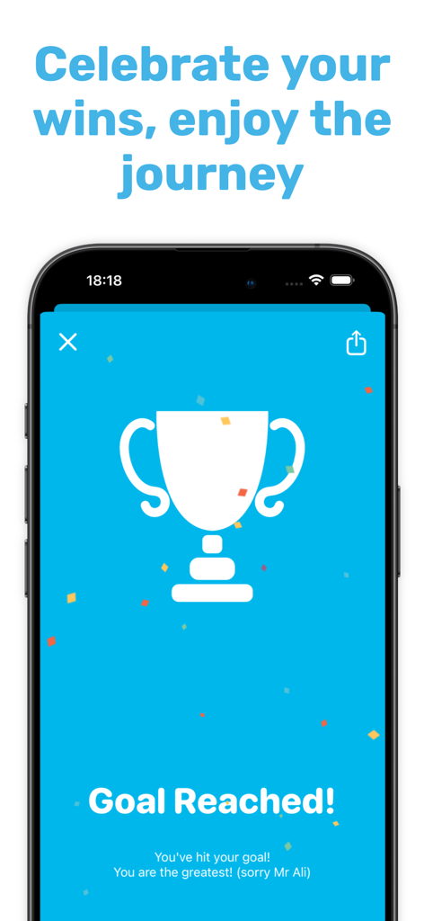A trophy icon on a blue screen with the text Goal Reached in the Progress Body Tracker app