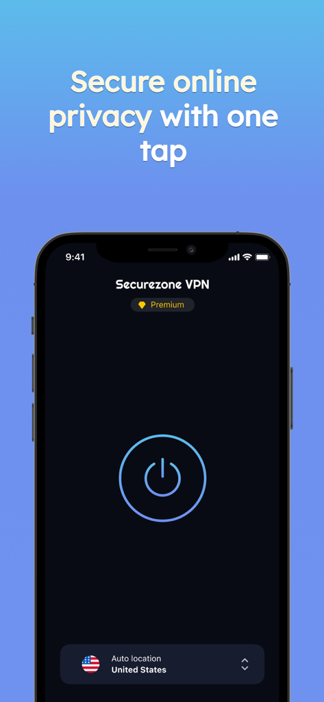 VPN Super Fast Securezone Best - Securezone VPNアプリが表示されたスマートフォンの画面、ワンタップでオンラインプライバシーを保護する大きな電源ボタン付き
