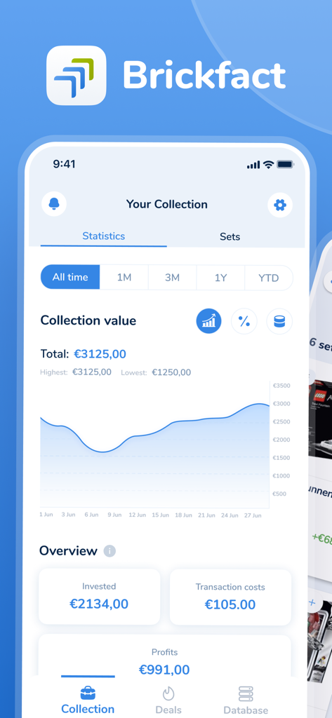 Brickfact - Brickfact app dashboard showing LEGO collection total value market graph and investment profits