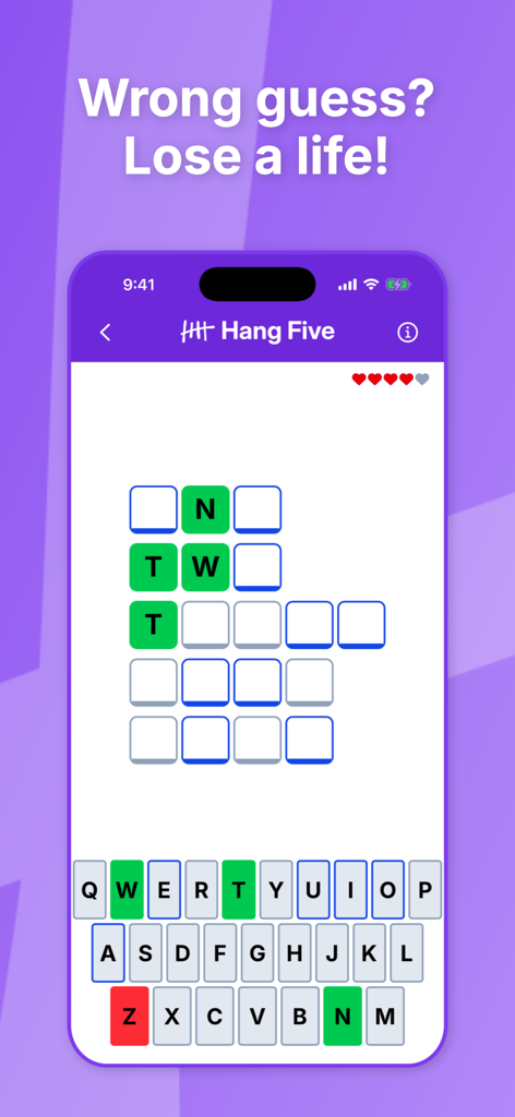 Hang Five - Hang Five mobile game interface showing a word puzzle and the lives counter.
