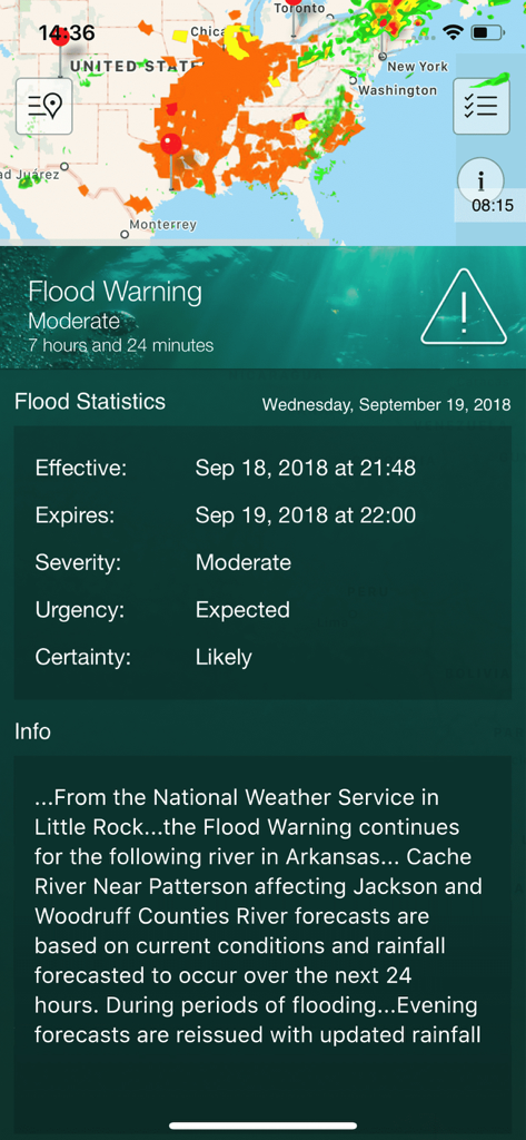 Storm Tracker° Pro - La aplicación Storm Tracker Pro muestra una advertencia de inundación moderada con un mapa y estadísticas.