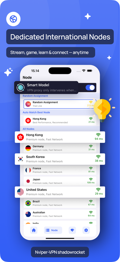 Oberfläche der Nviper VPN App, die eine Liste globaler Serverknoten und Verbindungsgeschwindigkeiten anzeigt.