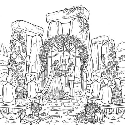 Immerse yourself in a romantic celebration where ancient history meets timeless love. This unique coloring page features a beautiful wedding ceremony set amidst majestic megalithic temples, adorned with exquisite floral details.