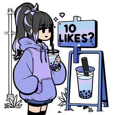 girl with oversized hoodie drinking boba and she has a high ponytail with a sign that says 10likes?