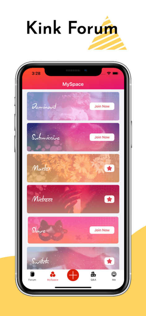 Interfaz de la aplicación KLS mostrando diferentes categorías de identidad kink en la sección del foro