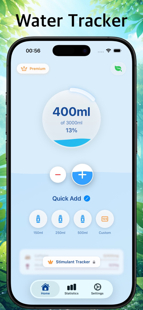 WaterUp app home screen displaying daily water intake goal and quick logging buttons