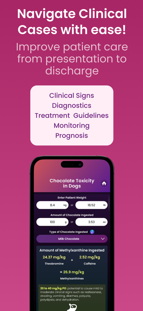 Vetpocket - Vet Calc & Drugs - Vetpocket mobile app displaying a chocolate toxicity calculator for dogs during clinical cases