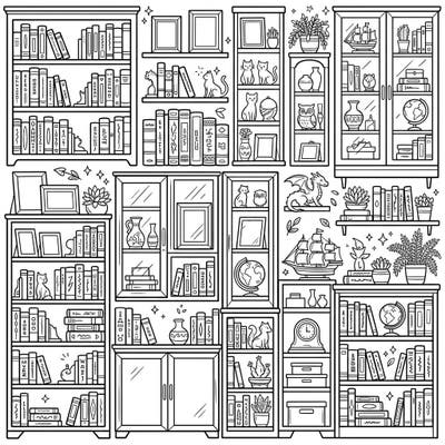 Dive into a wonderfully detailed world of literature and cherished trinkets with this captivating coloring page featuring an array of bookcases and display shelves. This intricate design offers endless opportunities for creative expression, perfect for anyone who loves books and beautiful decor.