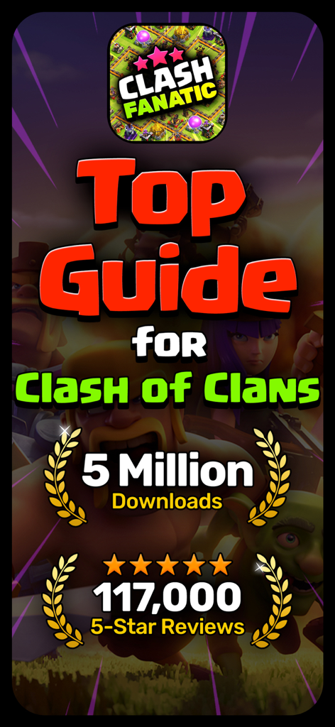 Banner promocional de la aplicación CoC Fanatic que destaca 5 millones de descargas y 117.000 reseñas de 5 estrellas