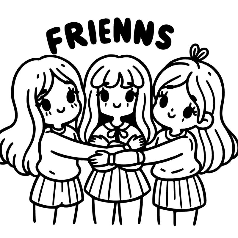 three girls with arms wrapped around each other a word above them saying friends
