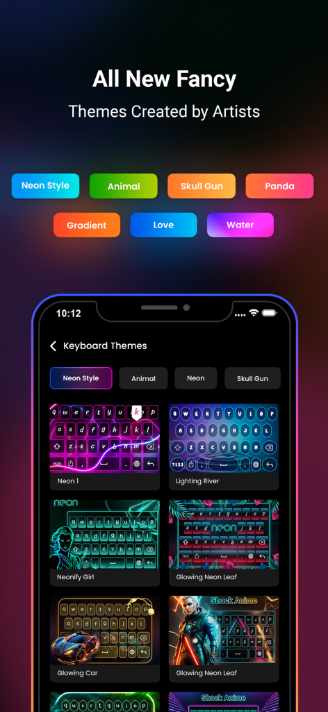 Neon LED Keyboard -RGB & Emoji - Pantalla de la aplicación Teclado LED Neón que muestra varios temas de teclado RGB elegantes como animales y coches de neón.