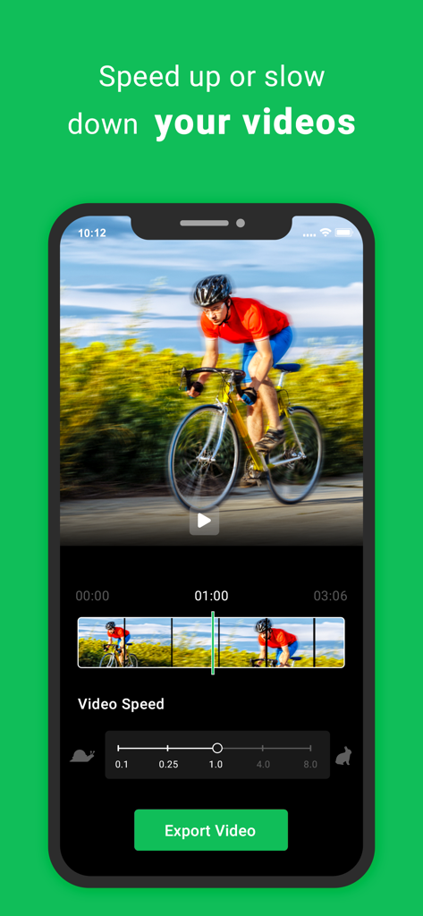 Video Editor & Maker -VidMaker - La aplicación VidMaker muestra una pantalla de ajuste de velocidad de video con configuraciones de cámara lenta y rápida para un video de ciclismo