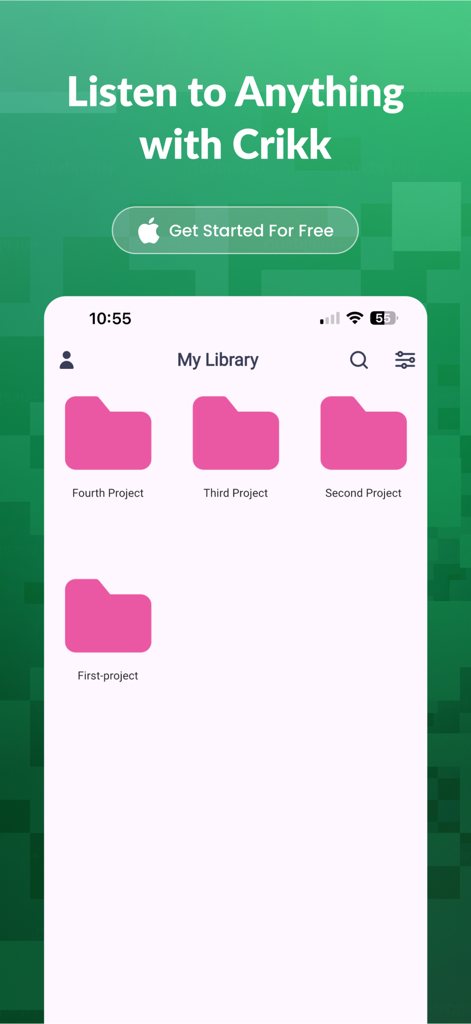 Crikk mobile app showing the library dashboard with multiple project folders for text to speech reading