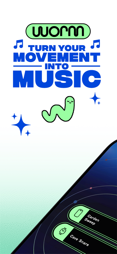 WORM.dance - WORM.dance app promotional screen featuring the text Turn Your Movement Into Music and a cute green worm character.