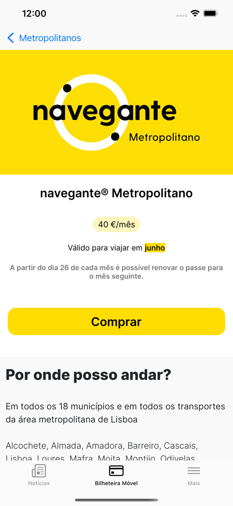 navegante® - Interfaz de la app navegante mostrando los detalles del pase mensual Metropolitano y un botón de compra
