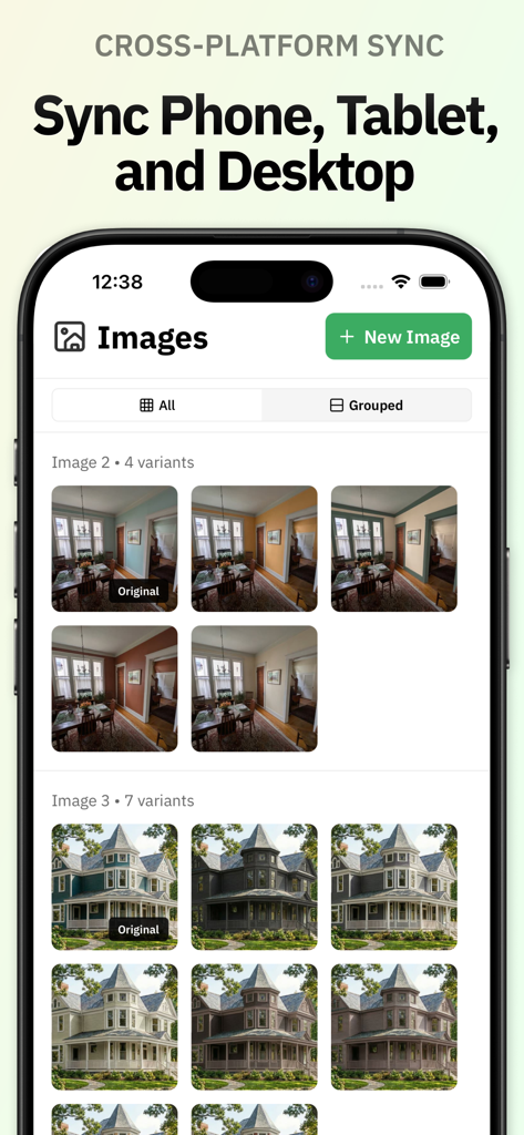 Screenshot of the Repaint app gallery showing interior and exterior home projects with multiple paint color variants and cross platform sync message