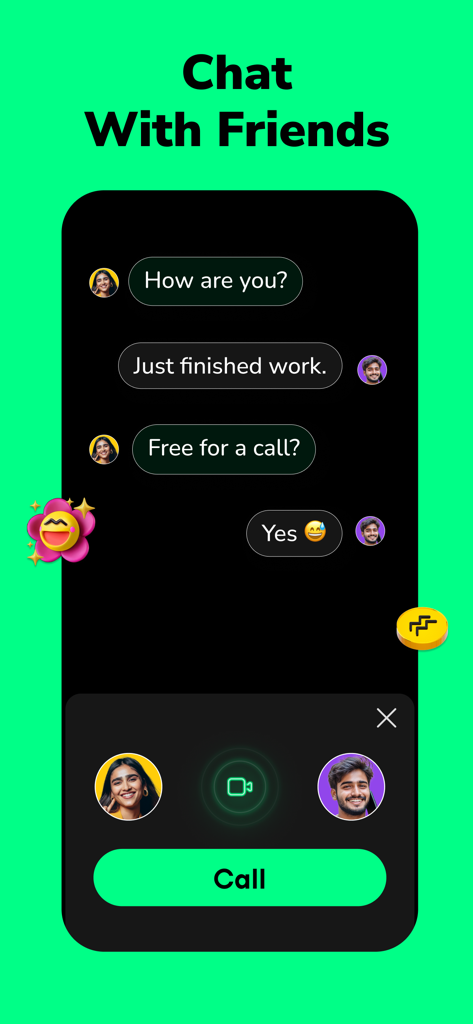 Moj: Video Live & Short Videos - Mojアプリのチャットインターフェイスのスクリーンショット、友人間のメッセージとビデオ通話オプションが表示されている。