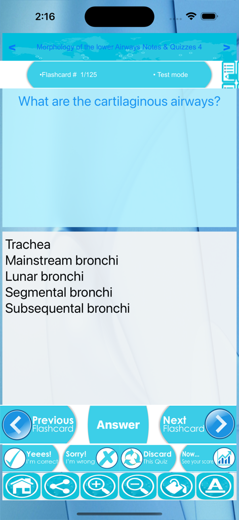 Interface de aplicativo móvel mostrando um flashcard de teste de enfermagem do sistema respiratório sobre vias aéreas cartilaginosas
