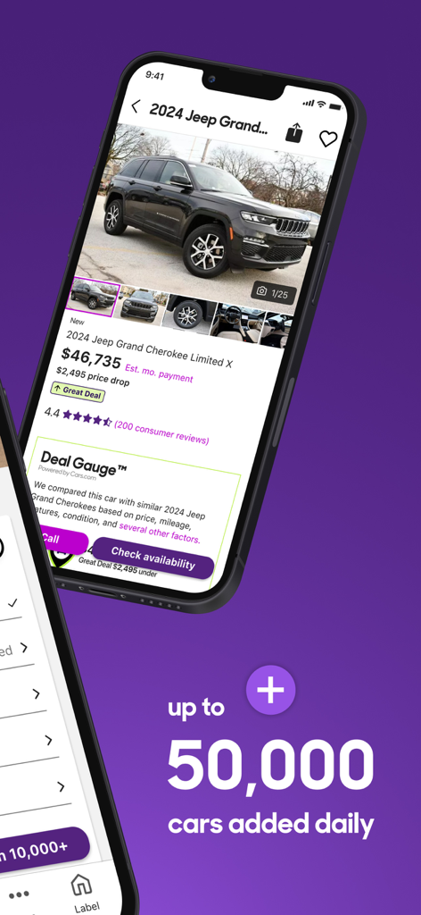 Smartphone displaying a Jeep Grand Cherokee listing on the Cars.com app with price transparency and deal ratings