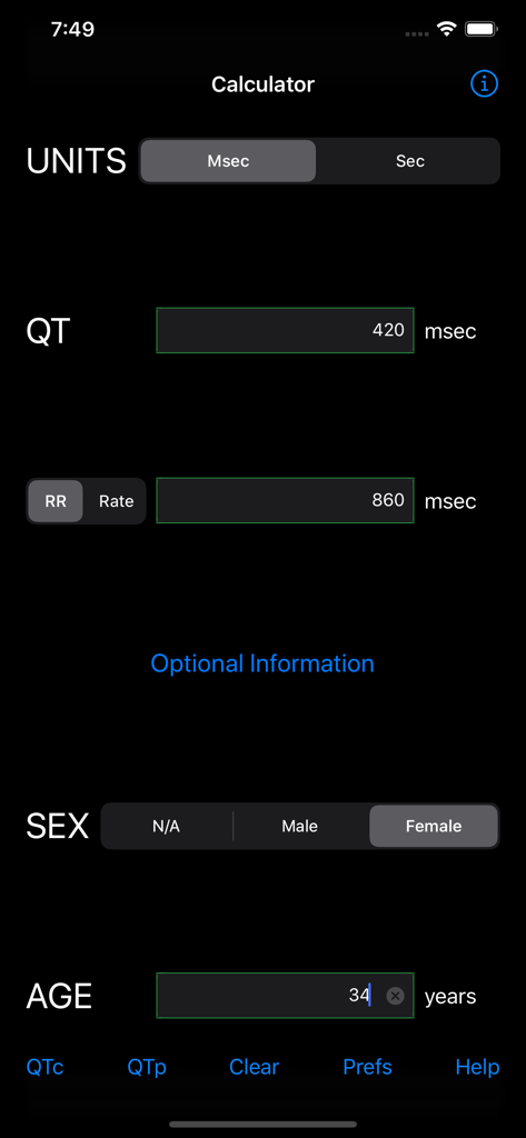 EP QTc - L'interfaccia del calcolatore dell'app EP QTc con input per l'intervallo QT, la frequenza cardiaca, il sesso e l'età.
