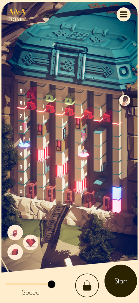 The Valley of the Architects - Vue de gameplay isométrique d'un puzzle d'ascenseur vertical dans un diorama architectural luxuriant.