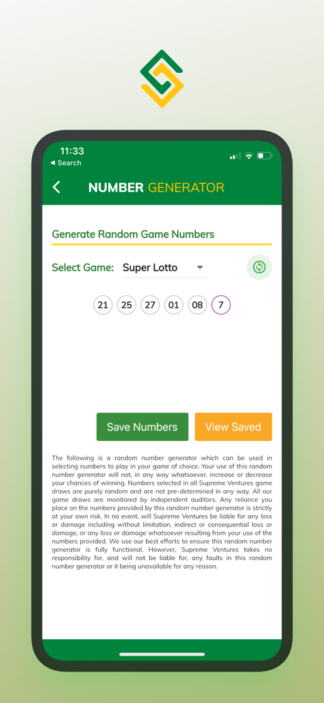 Captura de tela do aplicativo Supreme Ventures mostrando o recurso gerador de números para resultados do Super Lotto