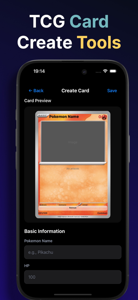 TCG Card Value Scanner: Arcane - TCG Card Create Tools interface in the Arcane app showing a custom trading card template