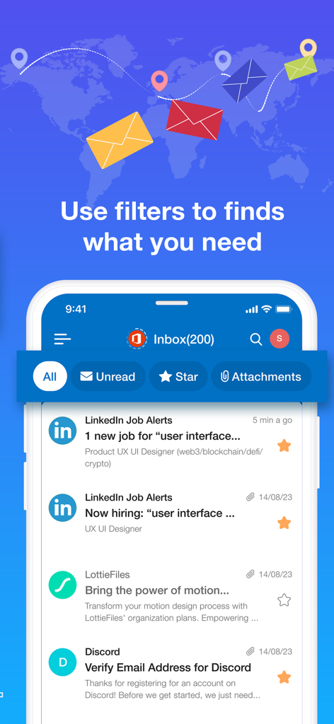 Mobile interface of the Email for Outlook Hotmail app showing inbox filtering options for unread and starred messages