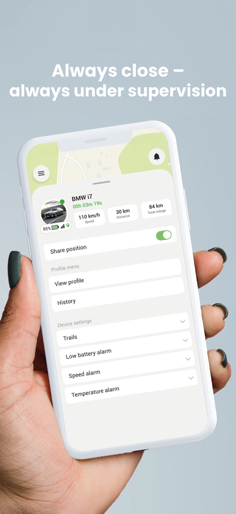 MiniFinder Live - GPS Tracking - Smartphone showing MiniFinder Live app with real-time vehicle tracking and security alarm settings