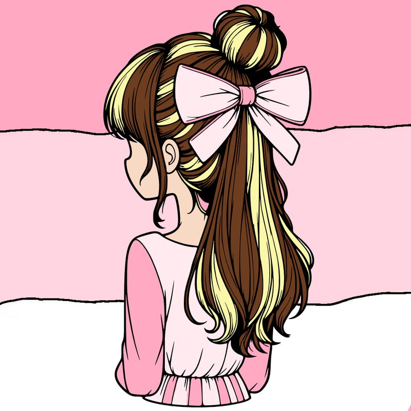 realistic girl  with hip length hair a bun and a big bow on the back of head