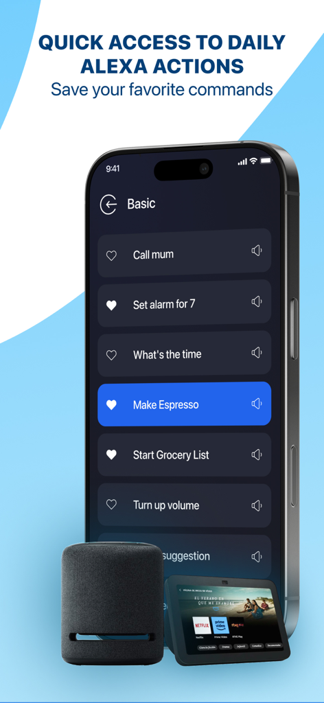Smart Alexa：Voice Commands - Smartphone screen showing a list of saved Alexa voice commands for quick access to daily actions