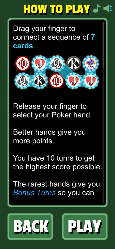 Royal Flush Game - Tela de tutorial do Royal Flush Game explicando como arrastar e conectar cartas para formar mãos de poker