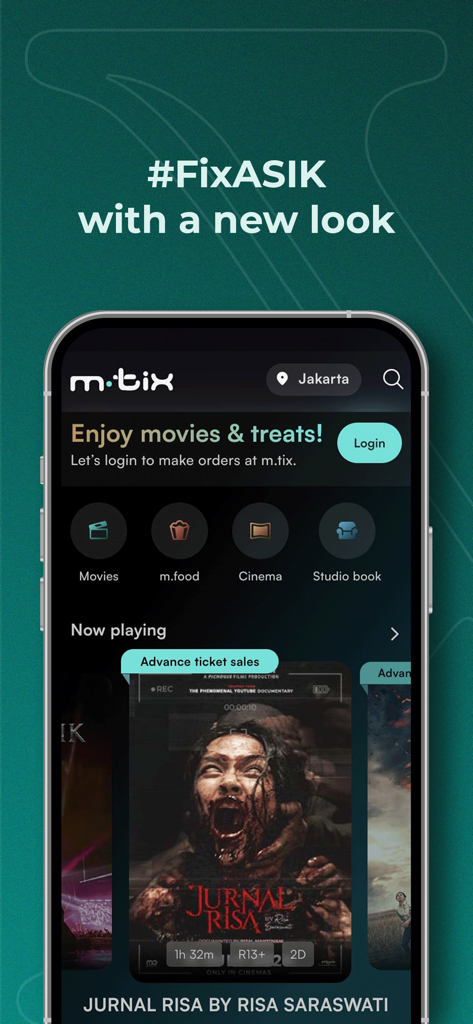 mtix XXI mobile app home screen for movie tickets and food