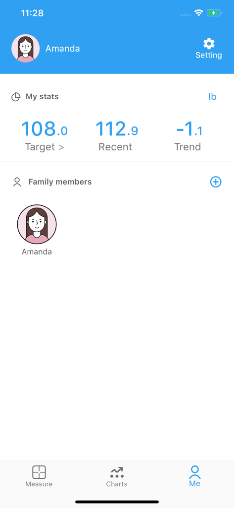 Page de profil de l'application FitGo montrant les statistiques de poids et les membres de la famille