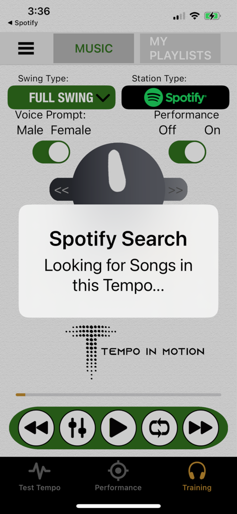 Spotify search for songs matching golf swing tempo in the Tempo In Motion app