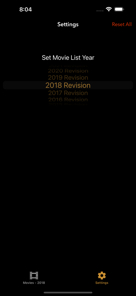The settings screen of the 1001 Movies app showing a picker to select a specific movie list revision year.