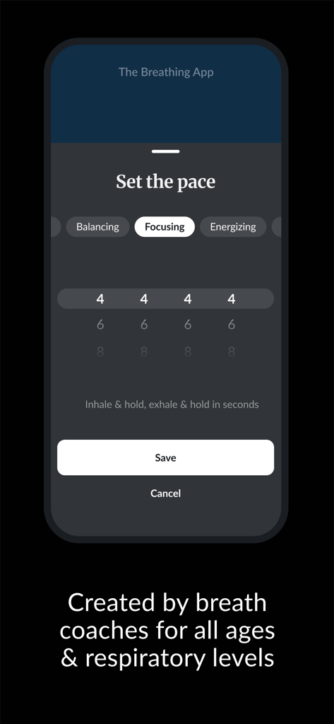 The Breathing App: Calm Daily - A screenshot showing the Set the Pace feature in The Breathing App with custom inhale and exhale timers for focusing and energizing.