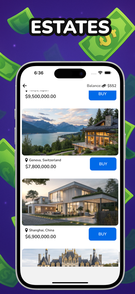Captura de pantalla de listados de bienes raíces de lujo en la aplicación móvil Business Empire Tycoon