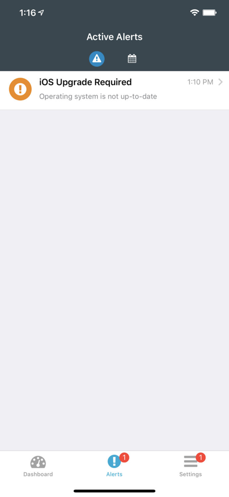 SEP Mobile - SEP Mobile app interface displaying an active alert notification that an iOS upgrade is required for security compliance.