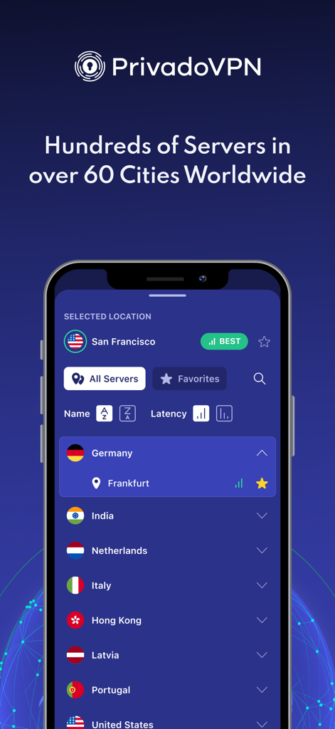 PrivadoVPN Fast VPN and Proxy - Interface de l'application PrivadoVPN affichant une liste d'emplacements de serveurs mondiaux