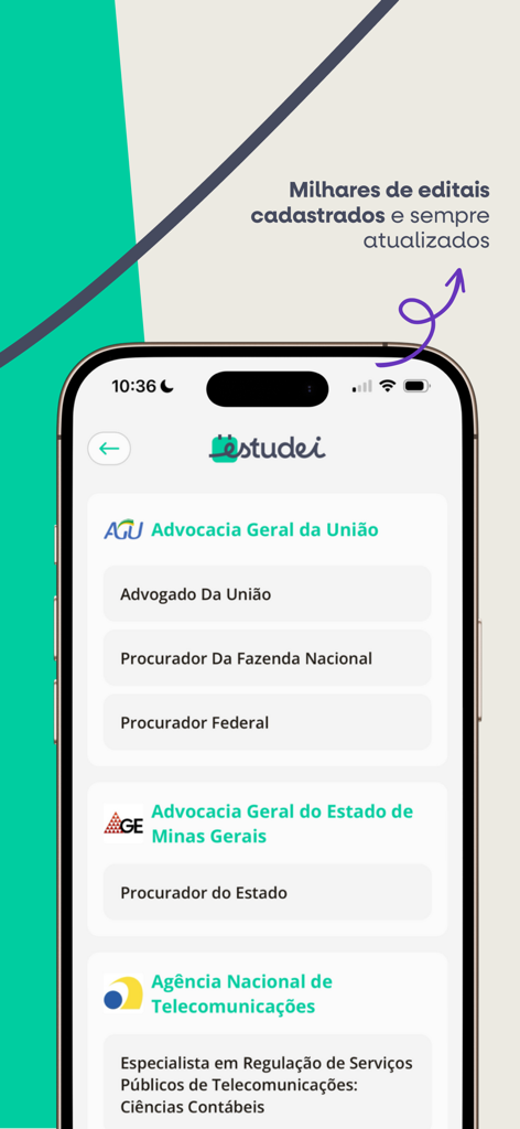 Interfaz de la aplicación Estudei que muestra una lista completa de temarios de exámenes y avisos públicos para el seguimiento del estudio.
