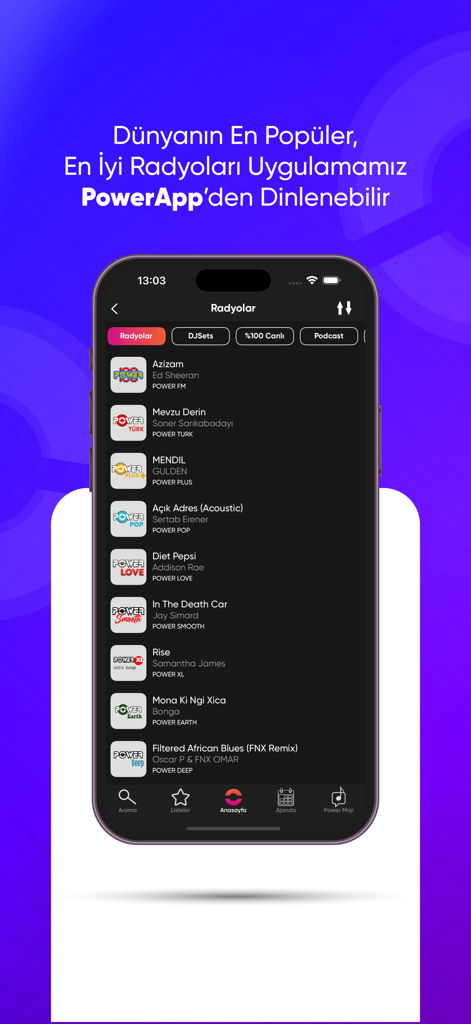 PowerApp: Radio, Podcast, DJ - ライブラジオチャンネルと人気音楽ステーションの厳選されたリストを表示するモバイルアプリインターフェース